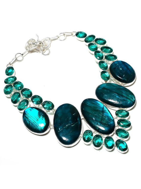 Natural Blue Labradorite,Tsavorite Stone 925 Sterling Silver Necklace 18"