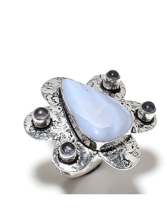 Natural Blue Lace Agate, Amethyst Gemstone 925 Sterling Silver Ring Size 10