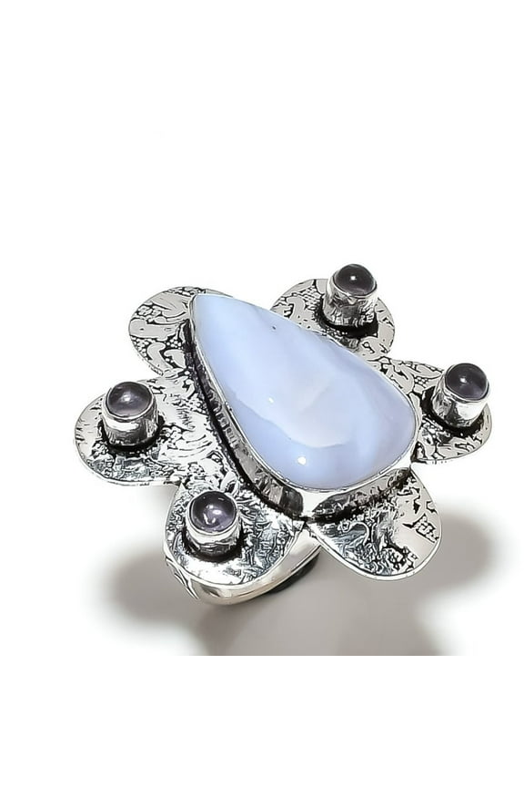 Natural Blue Lace Agate, Amethyst Gemstone 925 Sterling Silver Ring Size 8
