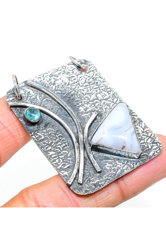 Natural Blue Lace Agate,Blue Topaz Stone 925 Sterling Silver Pendant 2.17"