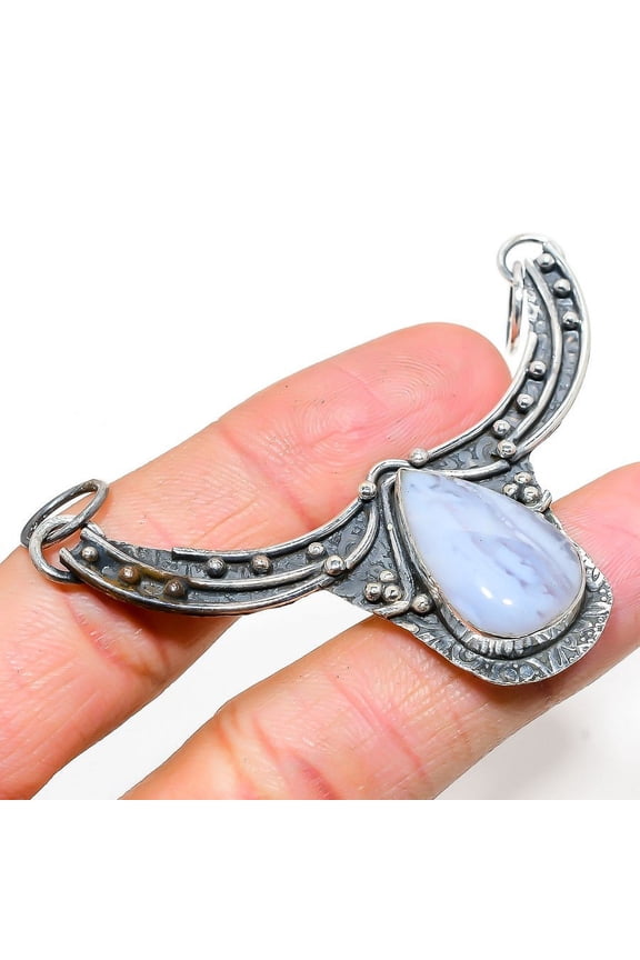 Natural Blue Lace Agate Gemstone 925 Sterling Silver Gift Pendant 2.29"