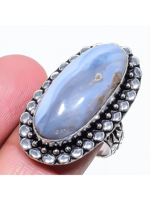 Natural Blue Lace Agate Gemstone 925 Sterling Silver Gift Ring Size 9.5