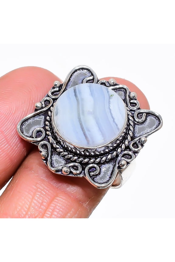 Natural Blue Lace Agate Gemstone 925 Sterling Silver Jewelry Ring Size 8