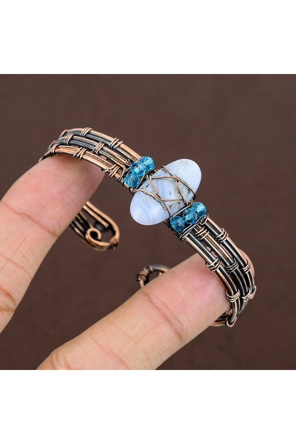 Natural Blue Lace Agate Gemstone Copper Wire Wrap Cuff Bangle Adjustable