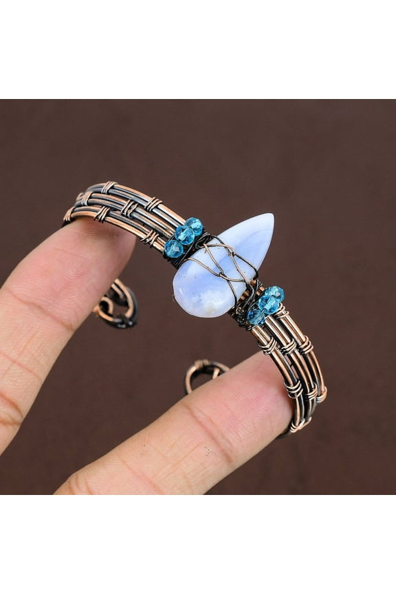 Natural Blue Lace Agate Gemstone Copper Wire Wrap Cuff Bangle Adjustable