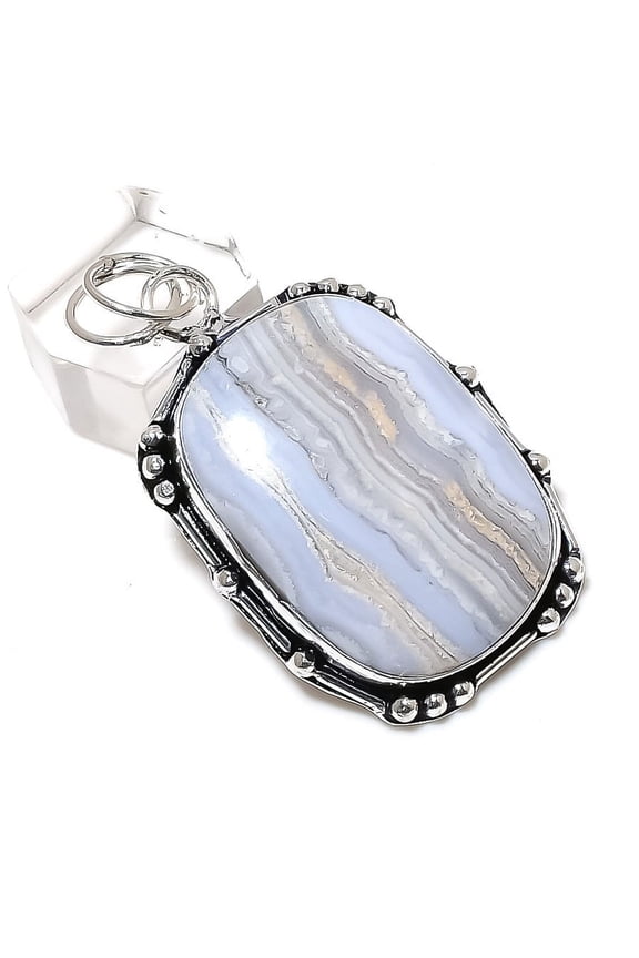 Natural Blue Lace Agate Gemstone Handmade 925 Sterling Silver Pendant 2.17"