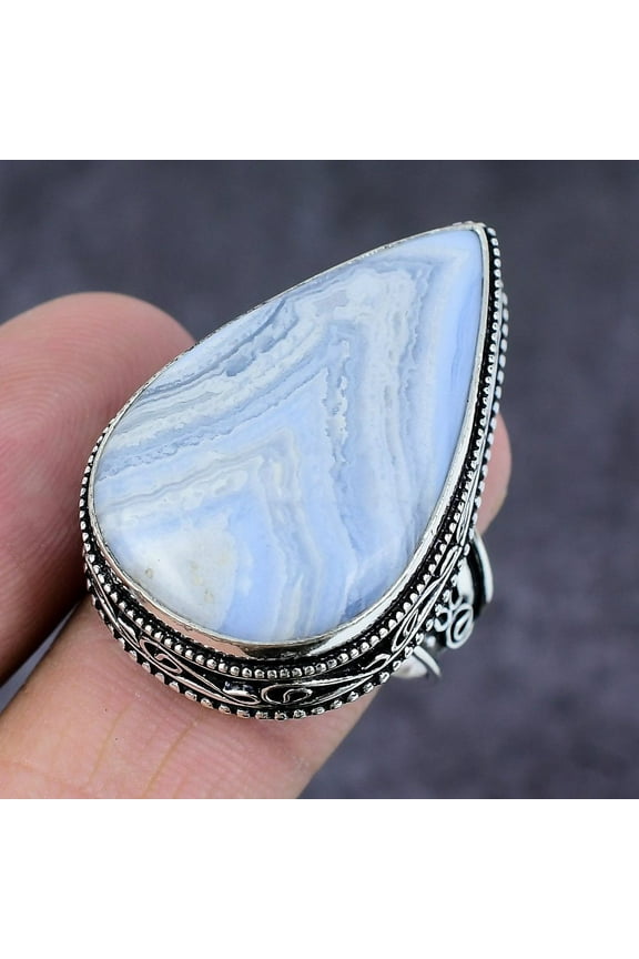 Natural Blue Lace Agate Gemstone Handmade 925 Sterling Silver Ring S.10