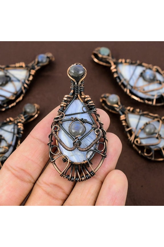 Natural Blue Lace Agate Gemstone Handmade Copper Wire Wrap Pendant 2.76"