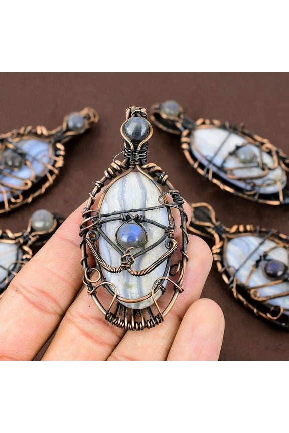 Natural Blue Lace Agate Gemstone Handmade Copper Wire Wrap Pendant 3.07"