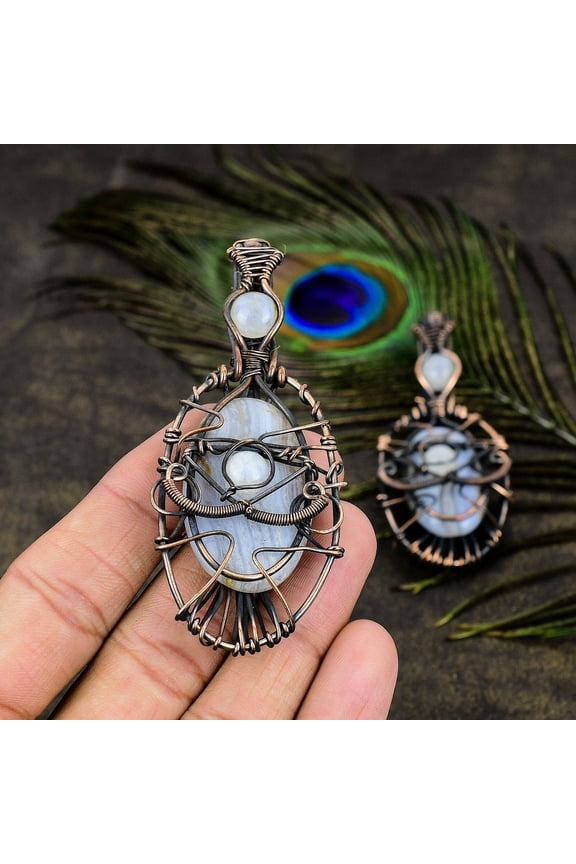 Natural Blue Lace Agate, Moonstone Gemstone Copper Wire Wrap Pendant 3.35"