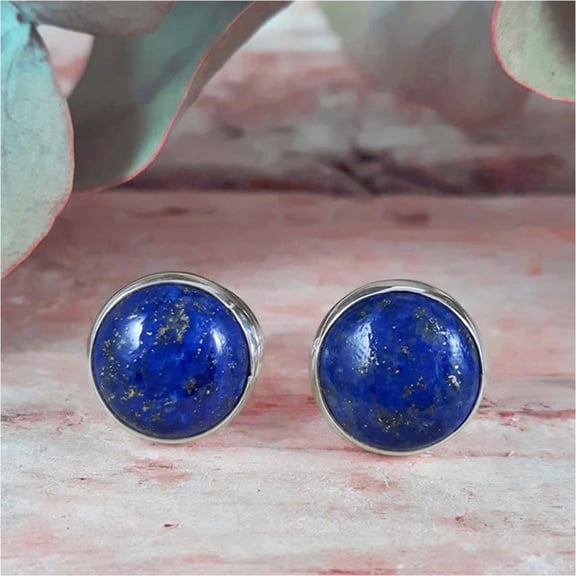 Natural Blue Lapis Lazuli Cabochon Round Sterling Silver Minimalist Studs Earrings Gift for Wedding Gift