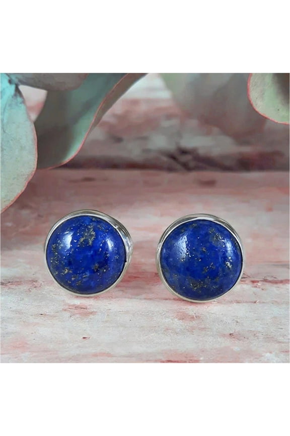 Natural Blue Lapis Lazuli Cabochon Round Sterling Silver Minimalist Studs Earrings Gift for Wedding Gift