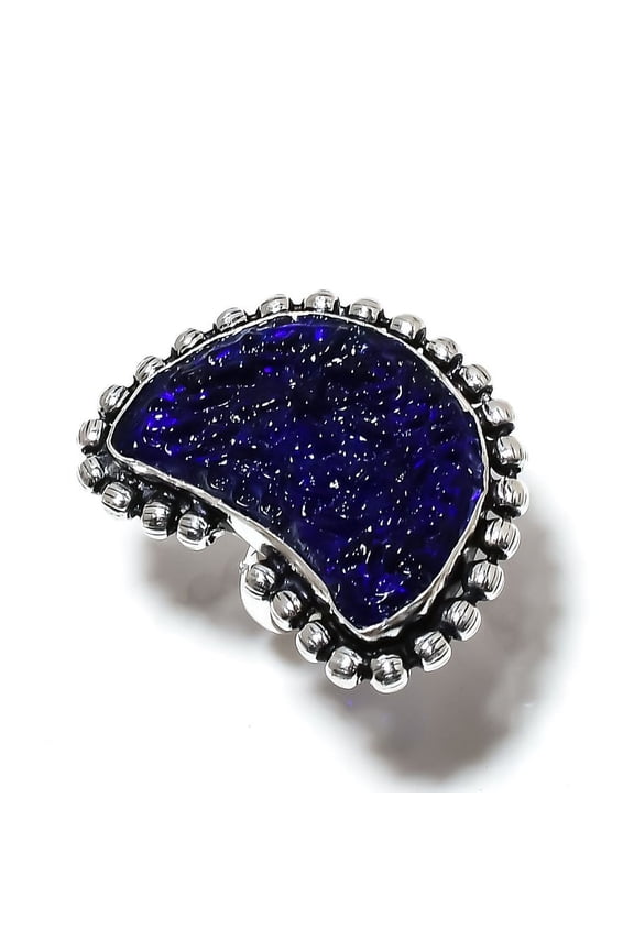 Natural Blue Moldavite Gemstone Handmade 925 Sterling Silver Ring Size 9