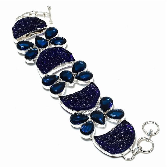 Natural Blue Moldavite Quartz, Iolite 925 Sterling Silver Bracelet 7-8"