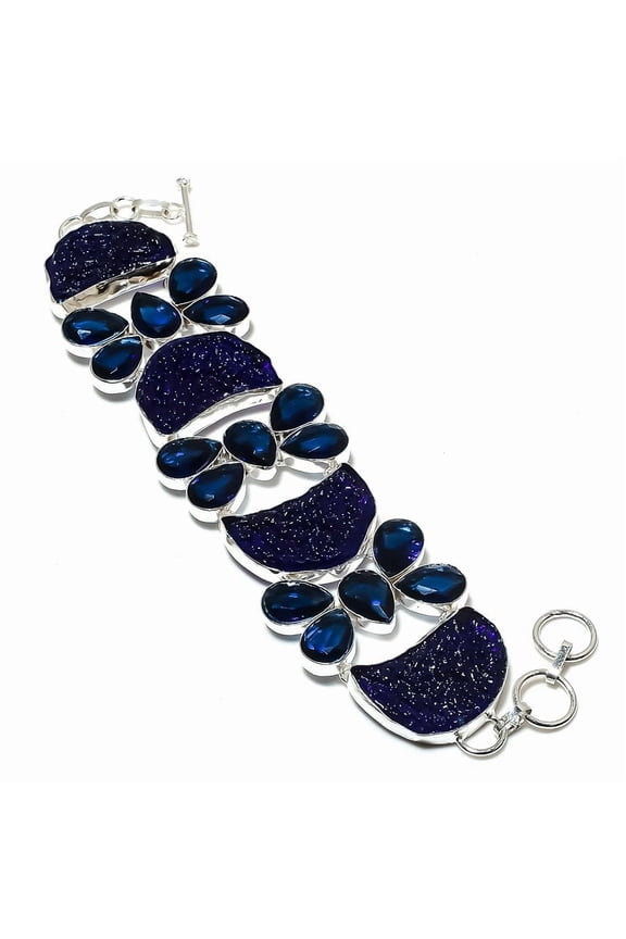 Natural Blue Moldavite Quartz, Iolite 925 Sterling Silver Bracelet 7-8"