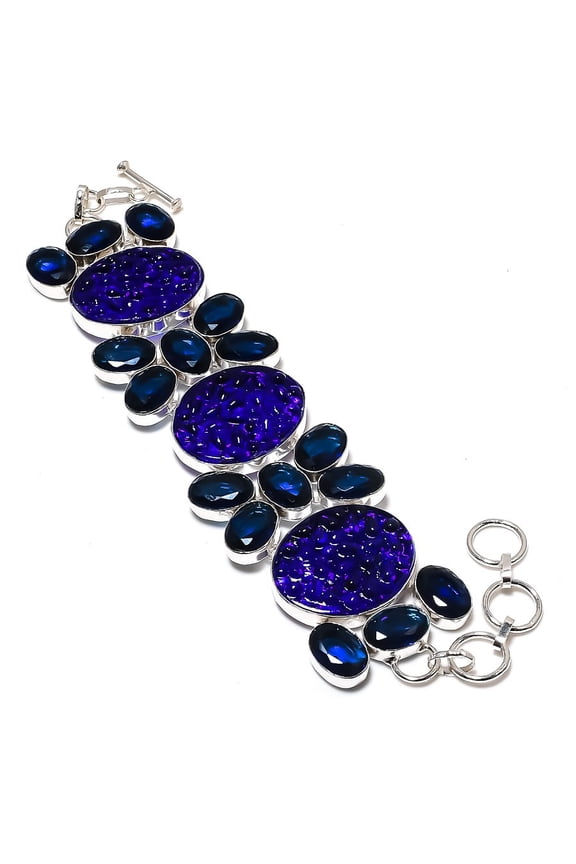 Natural Blue Moldavite Quartz, Iolite 925 Sterling Silver Bracelet 7-8"