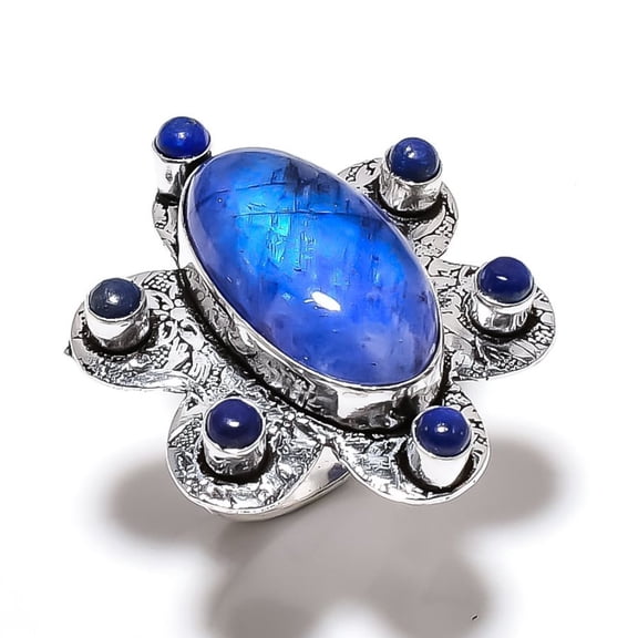 Natural Blue Moonstone, Lapis Gemstone 925 Sterling Silver Ring Size 11