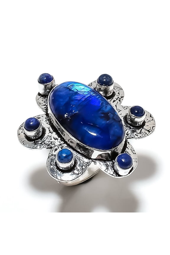 Natural Blue Moonstone, Lapis Gemstone 925 Sterling Silver Ring Size 9