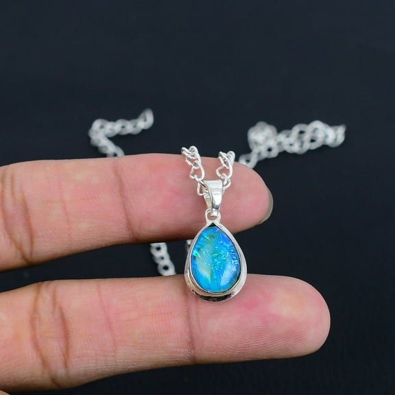 Natural Blue Opal Locket  Handcrafted 925 Sterling Silver, Fine Polished, Modern Design, Wedding & Thanksgiving Gift