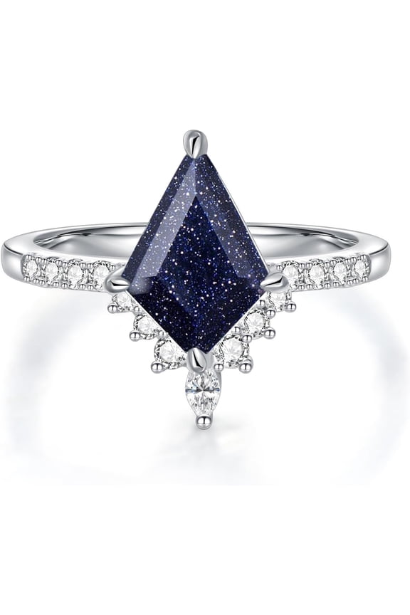 Natural Blue Sandstone Ring for Women 925 Sterling Silver Kite Cut Blue Sandstone Engagement Ring Galaxy Rings Promise Wedding Jewelry Gift-Size 7