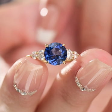 Natural Blue Sapphire Engagement 10k Yellow Gold Sapphire with Moissanite Ring for Women Gift for Her