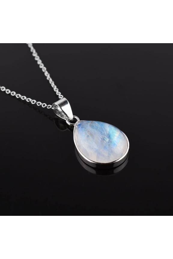 Natural Blue Sheen Moonstone Crystal Stone Handmade Dainty Pendant Necklace For Women, Crystals and Healing Stones, Birthstone Jewelry, Rhodium Plated 925 Sterling Silver Chain 18 Inch, Gift for Her