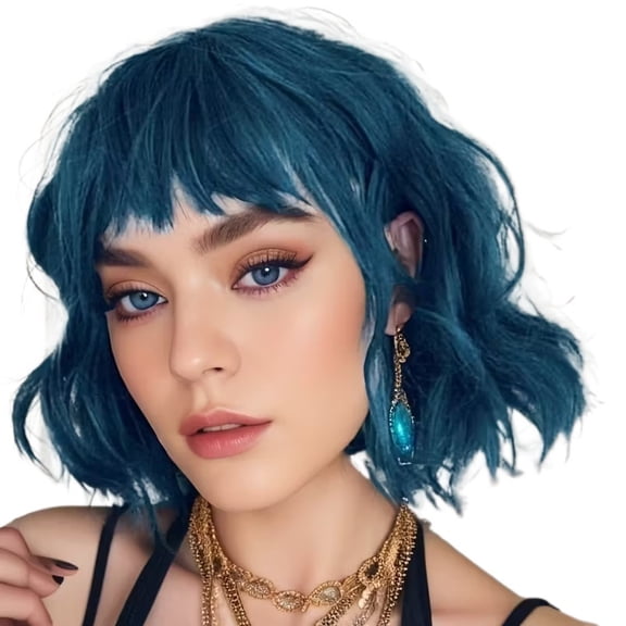 Natural Blue Short Curly Wig | Rosebud Wavy Bob Wig with Bangs Synthetic Hair for Women