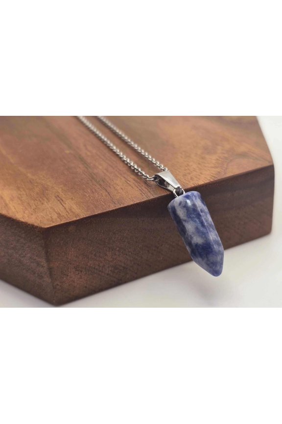 Natural Blue Soladite Handmade Point Necklace Hexagon Chain Silver Tone