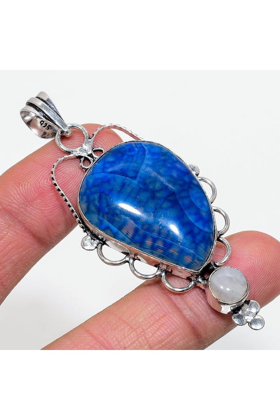 Natural Blue Solar Quartz, Moonstone 925 Sterling Silver Pendant 2.84"