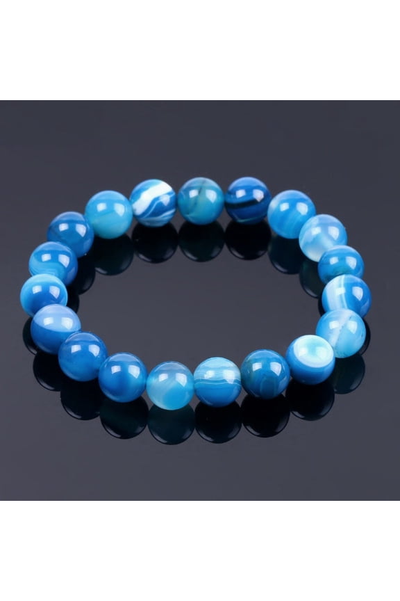 Natural Blue Stripe Agate 8mm Round Shape Smooth Cut Beads Stretchable Bracelet for Men & Women.