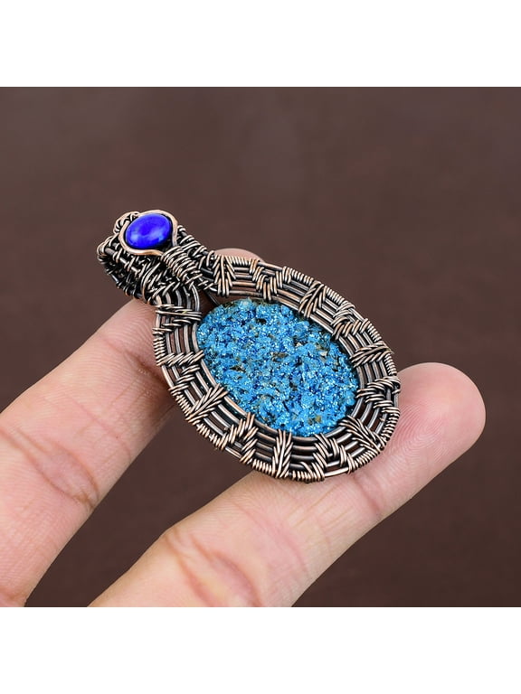 Natural Blue Titanium Druzy,Chalcedony Stone Copper Wire Wrap Pendant 2.17"