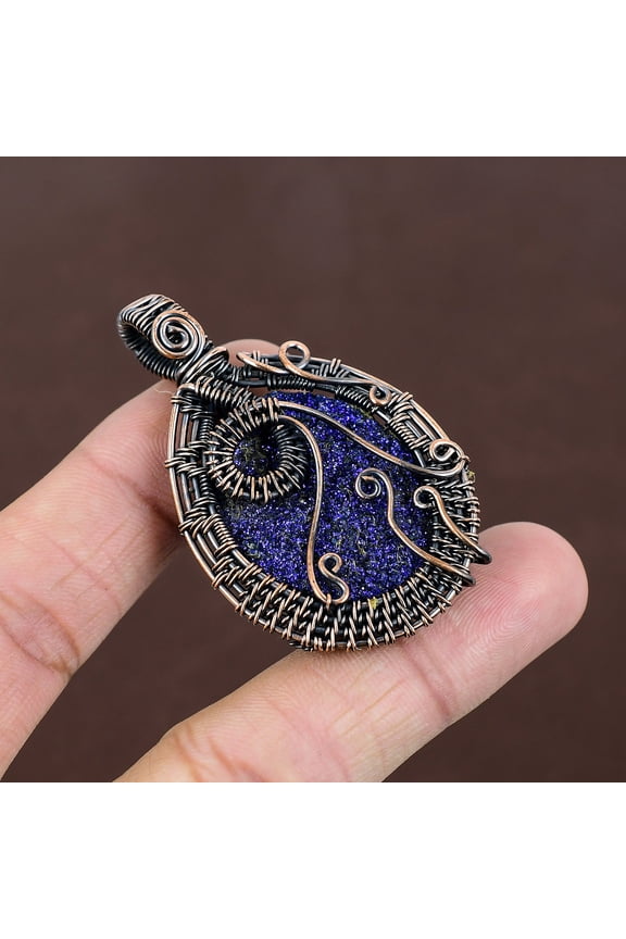 Natural Blue Titanium Druzy Stone Handmade Copper Wire Wrap Pendant 2.24"