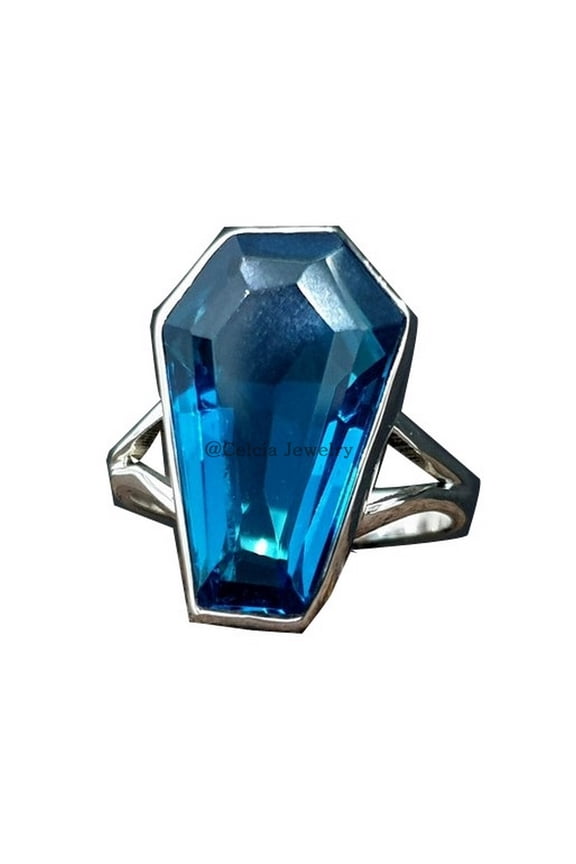 Natural Blue Topaz Gemstone Coffin Ring, Solid 925 Sterling Silver Ring, Statement Ring, Promise Ring, Proposal Ring, Ethnic Ring, Gothic Ring, Couples Gifts, Birthstone Ring (blue-topaz)