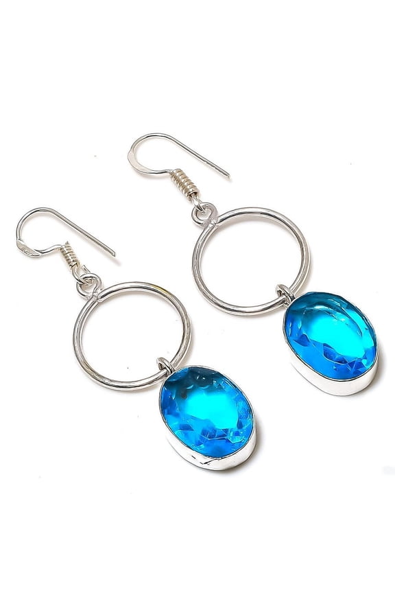 Natural Blue Topaz Gemstone Handmade 925 Sterling Silver Gift Earring 2.25"