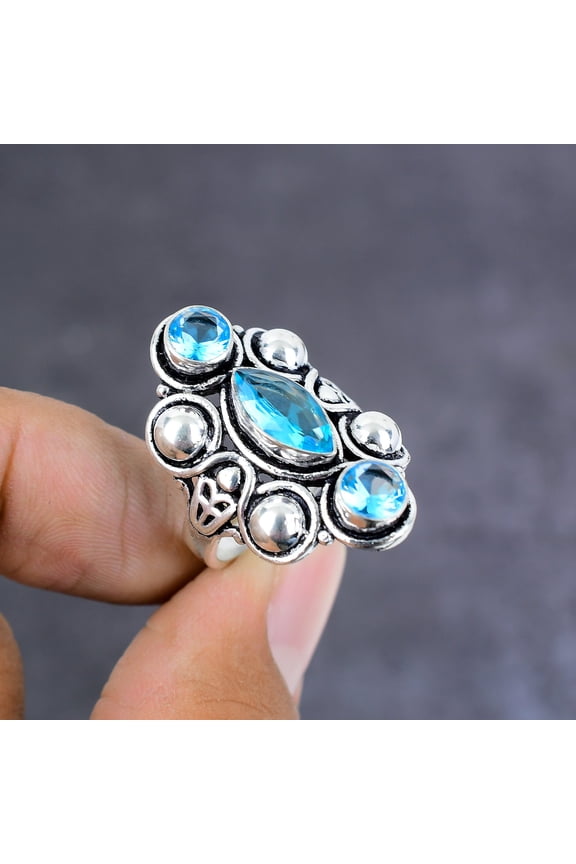 Natural Blue Topaz Gemstone Handmade 925 Sterling Silver Gift Ring Size 8