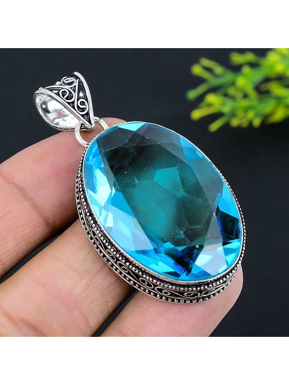 Natural Blue Topaz Gemstone Handmade 925 Sterling Silver Pendant 2.25"