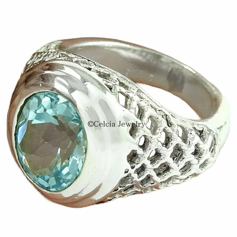 925 Sterling Silver Gift- Natural Blue Topaz Gemstone Ring Handmade Women's Fine Anniversary Gift- Wedding Gift offers Jewelry- Solid Men's Band