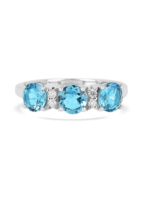 Natural Blue Topaz Three Stone Ring Blue Statement Ring for Her - Silver Ring Blue December Birthstone Ring For Women