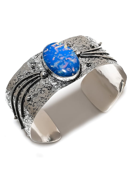 Natural Blue Triplet Opal 925 Sterling Silver Cuff Bangle Adjustable