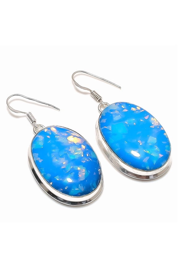 Natural Blue Triplet Opal 925 Sterling Silver Jewelry Earring 1.97"