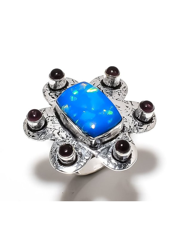 Natural Blue Triplet Opal,Amethyst Gemstone 925 Sterling Silver Ring Size 6