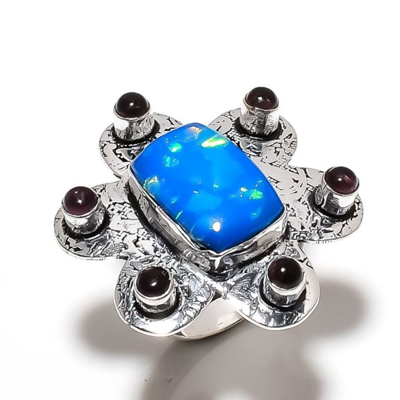 Natural Blue Triplet Opal,Amethyst Gemstone 925 Sterling Silver Ring Size 7