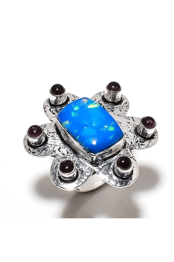 Natural Blue Triplet Opal,Amethyst Gemstone 925 Sterling Silver Ring Size 8