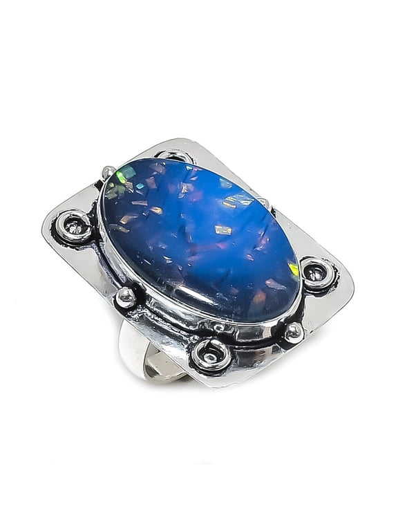 Natural Blue Triplet Opal Gemstone 925 Sterling Silver Jewelry Ring Size 8