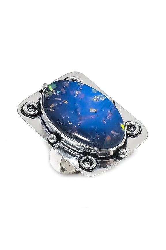 Natural Blue Triplet Opal Gemstone 925 Sterling Silver Jewelry Ring Size 8