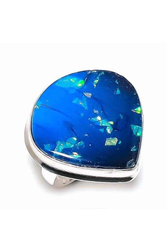 Natural Blue Triplet Opal Gemstone 925 Sterling Silver Jewelry Ring Size 9