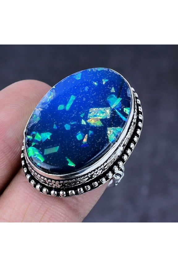 Natural Blue Triplet Opal Gemstone Handmade 925 Steling Silver Ring S.6.5