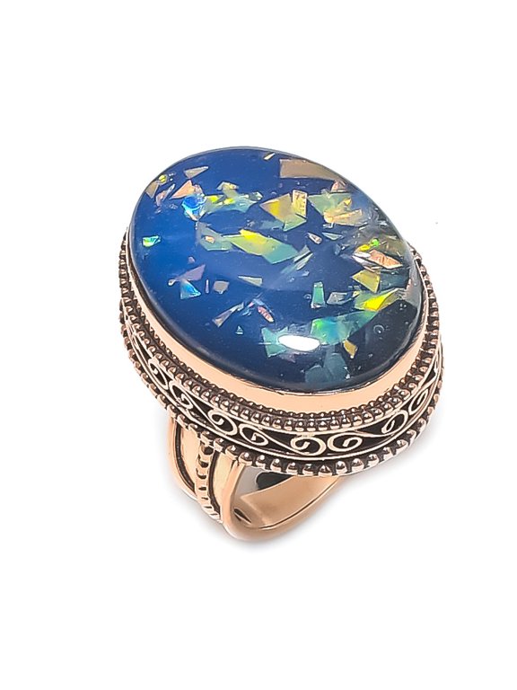 Natural Blue Triplet Opal Gemstone Handmade Copper Jewelry Ring Size 8.5