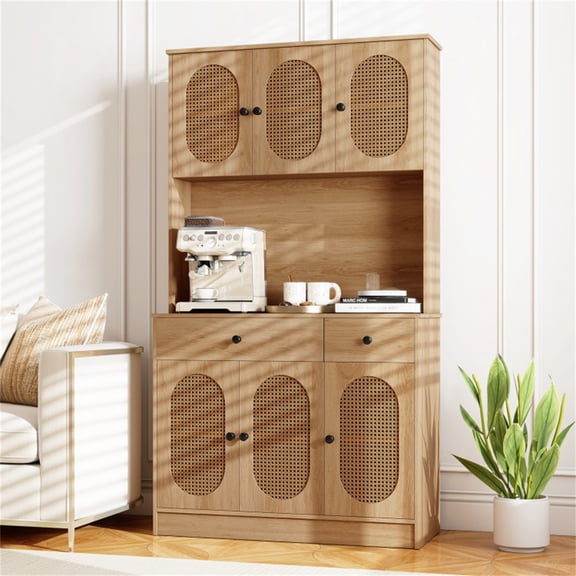 Natural Boho 6 Door Pantry Cabinet PE Rattan Doors Built In Charging Station 2 AC Outlets 2 USB Ports