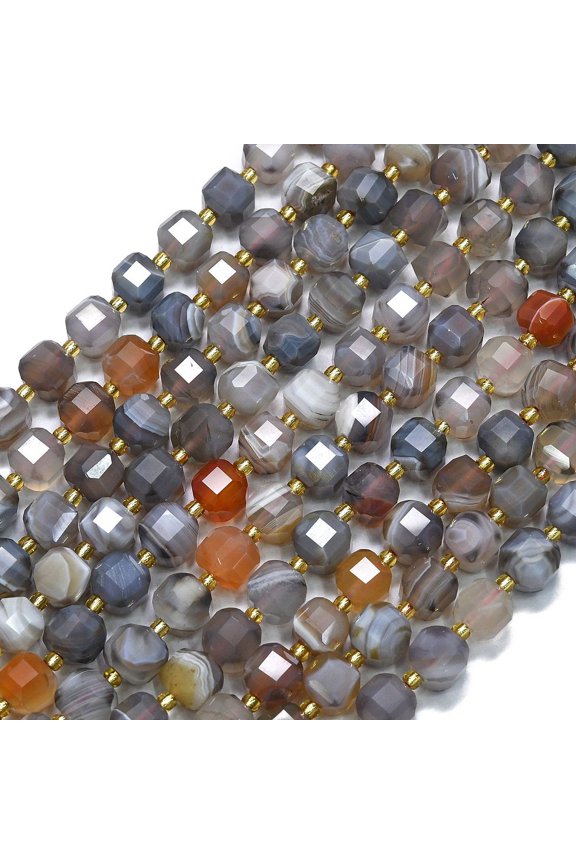 Natural Botswana Agate Beads Strands with Seed Beads Faceted Table Cut Cube 8~9.3x8~9.3x8~9.3mm Hole: 0.6mm 38pcs/strand 15.35''(39cm)